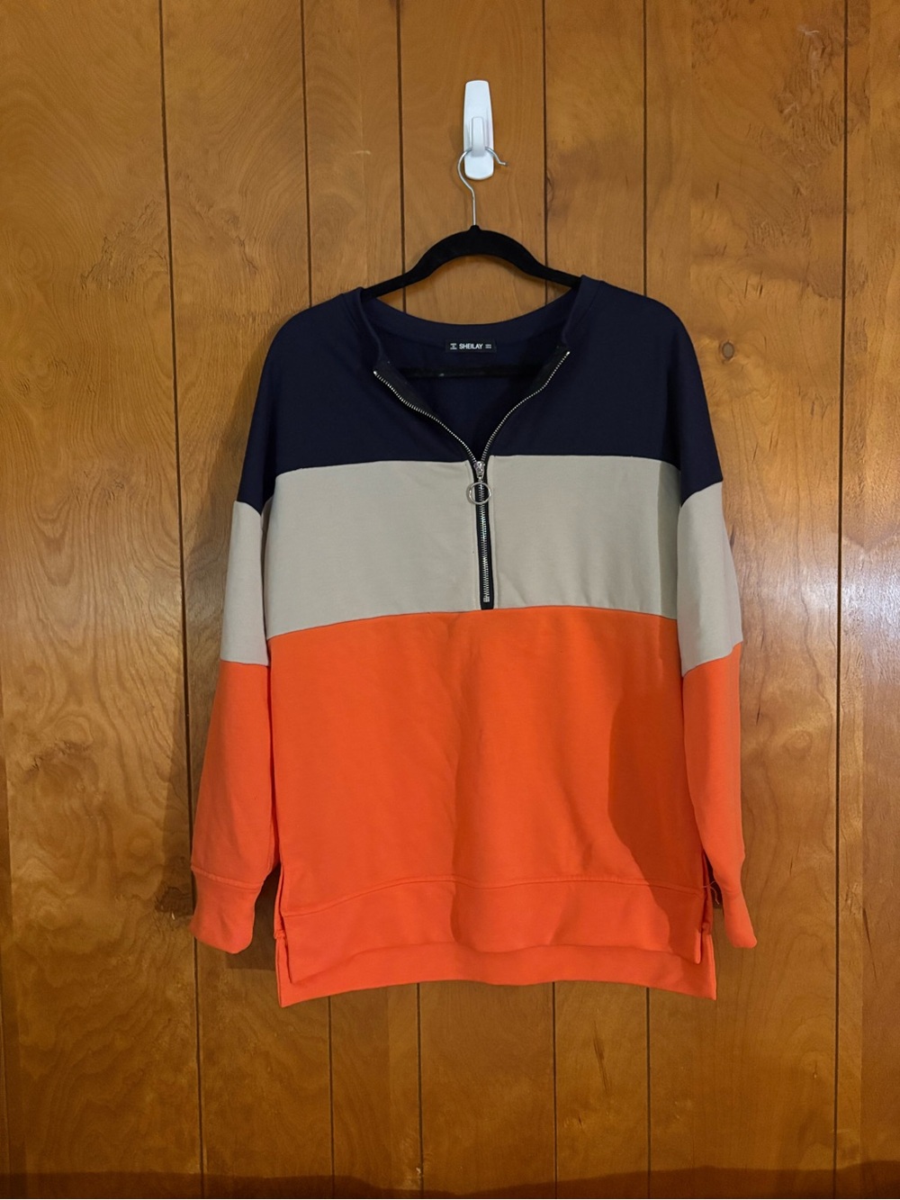 SHEIN Orange Beige Navy Colorblock Half-Zip Pullover